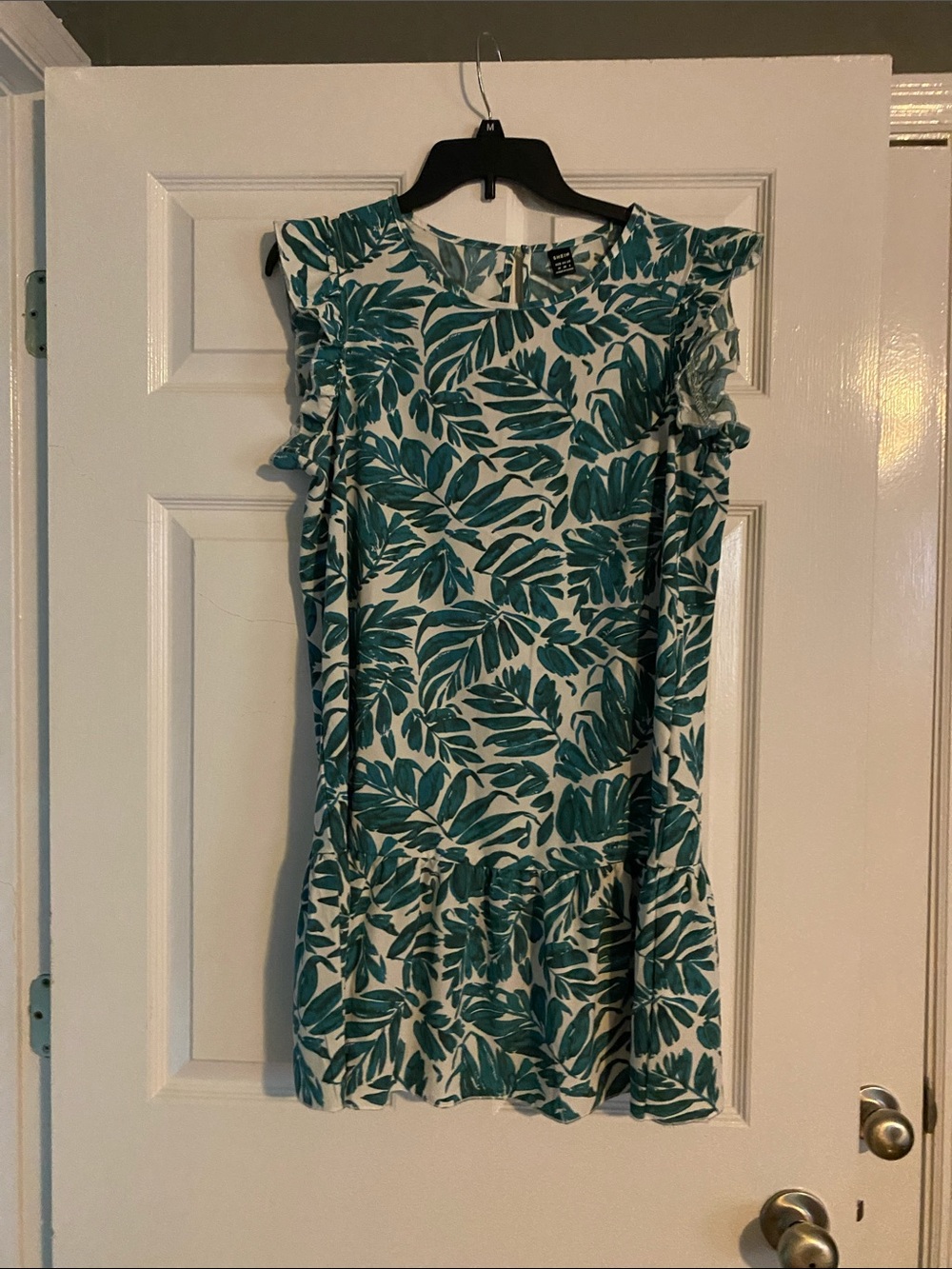 SHEIN Teal and White Leaf Print Ruffle Sleeve Mini Dress